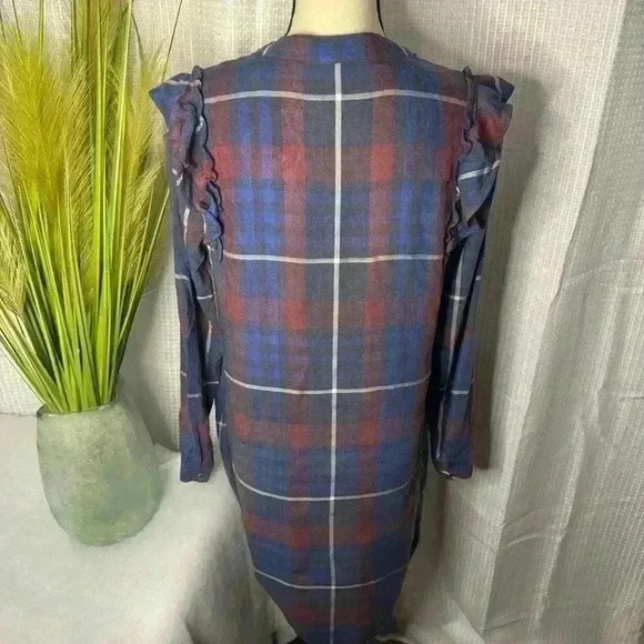Anthropologie Cloth & Stone Plaid Ruffle V Neck Shirt Dress Size Small - Picture 7 of 13
